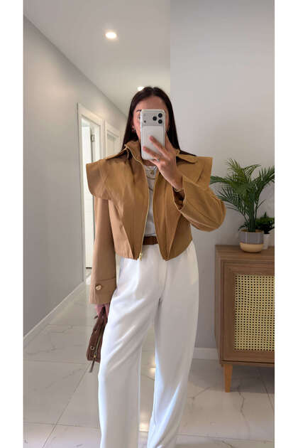 Sidose Camel Padded Zippered Crop Jacket