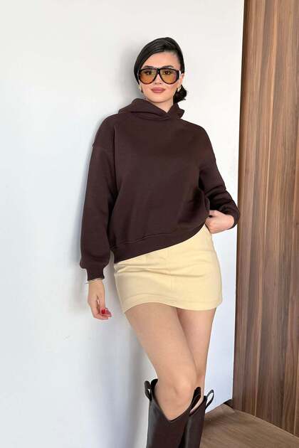 Women's Hooded Basic Sweatshirt Brown - 27K 2672