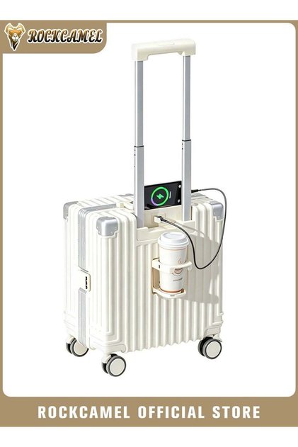 18 Inch Aluminum Frame Carry-On Luggage, Thickened PC Portable Suitcase, Built-in Cup Hold