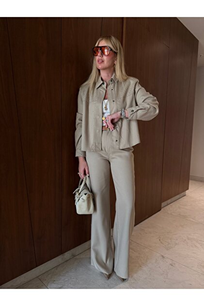 Orijinal Model , Bej , Serpme Taşlı , Yumuşacık Gabardin Jean Takım