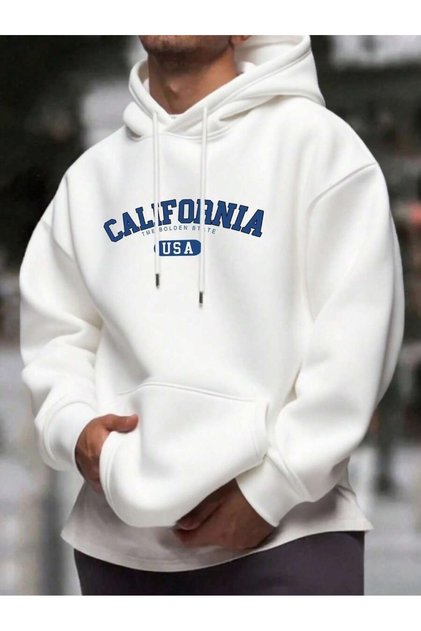 Unisex White California Printed Hooded Sweatshirt Printed Premium Oversize T-Shirt