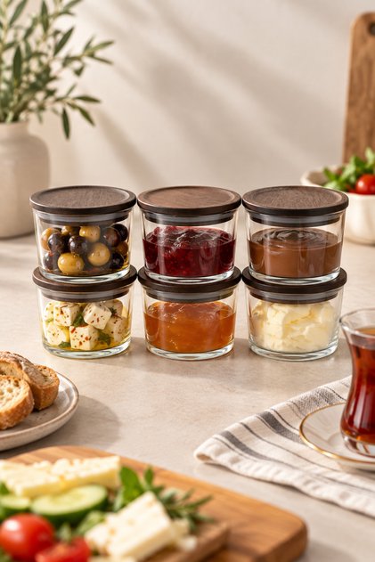 Vento – Set of 6 Wooden Vacuum Lid Glass Storage Containers 220 Cc