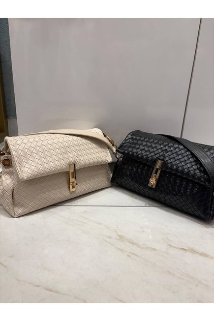Livia Women's Shoulder Bag with Knitted Texture and Gold Lock Detail, Stylish Bag