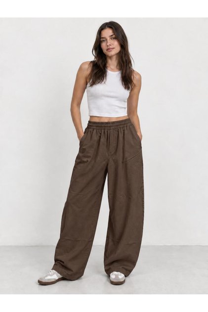 Women's Brown 8124 Wide Leg Elastic Waist Pants