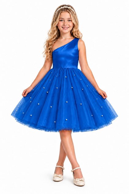 Girl's One Shoulder Short Dreamy Tulle Special Occasion Dress with Pearls