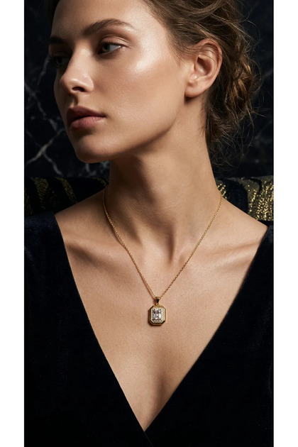 316L Steel Gold Yellow Square Form Zircon Stone Women's Necklace Jewelry