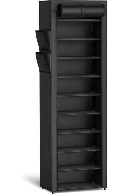 Covered 10-Tier Shoe Rack with Dust Cover & Side Pockets, Black