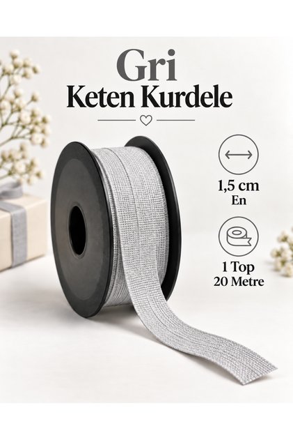 Gray Linen Ribbon 1.5 cm – 1 Roll 20 Meters – Gift Wrapping, Flower Bouquet, Event and Decoration Ornament Ribbon