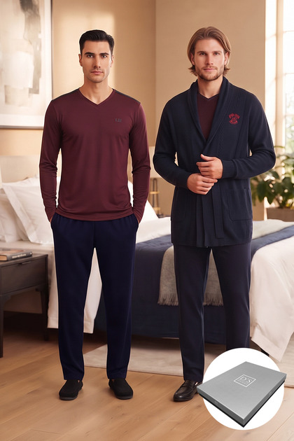 Special Boxed 5-Piece Dowry and Groom's Pack Set (Pajama Set, Knitwear Robe, Undershirt-Boxer Set, Socks) Bordo