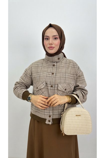 EKOSE DESENLİ DİK YAKA CEKET ETEK TAKIM KAHVERENGİ