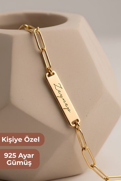 Kadın 925 Ayar Gümüş 14K Altın Rengi Kişiye Özel İsimli Ataç Zincirli Mini Bar İsim Bileklik Kadın Hediyelik Takı