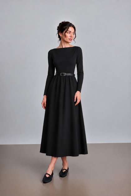 Rochie midi cu mânecă lungă și curea pentru femei, cu decolteu bărcuță