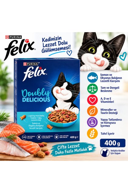 Felix Doubly Delicious Somon ve Okyanus Balıklı Yetişkin Kuru Kedi Maması 400 g