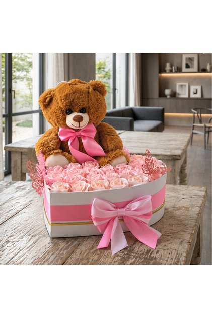 Cutie Inimă cu 23 Trandafiri din Săpun și Ursuleț | Aranjament Floral | Cadou Unic, Crăciun, Zi Nastere, Aniversare, Absolvire, Valentine's Day, Dragobete, 8 Martie | Handmade
