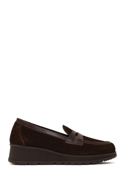 Women's Brown Buckle-Strapped Wedge Heeled Suede Leather Comfort Loafer Af170021Ds