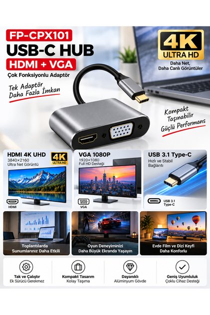 FP-CPX101 USB-C to HDMI VGA Çoklayıcı Adaptör 4K UHD Type-C Hub 1080P VGA Görüntü Aktarıcı