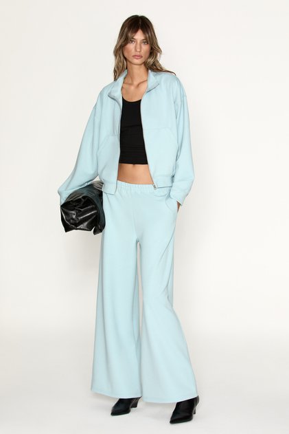 Elionor Women's Elastic Waist Wide Leg Blue Trousers with Pockets