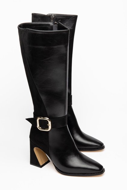 Sarya Women's Black Leather - Suede Buckle Special Design Heeled Boots