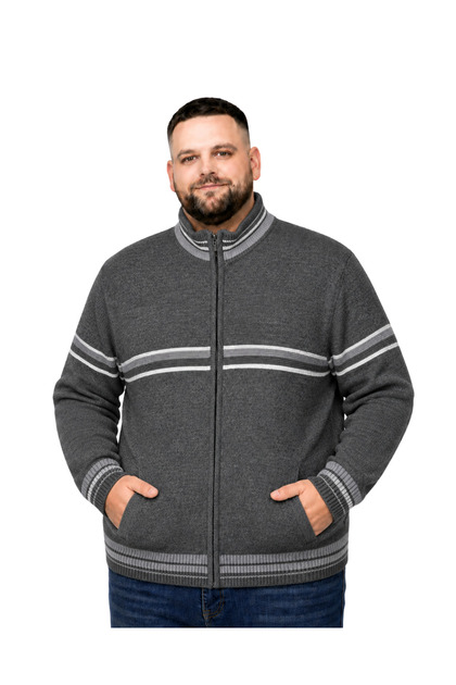 Men's Large Size Smoked Patterned Knitwear Cardigan with Pockets 3Xl-4Xl-5Xl-6Xl