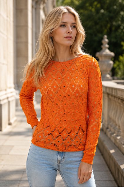Women's Long Sleeve Wide Collar Transparent Diamond Patterned Mesh Elegant Stylish Casual Orange Knitwear Sweater
