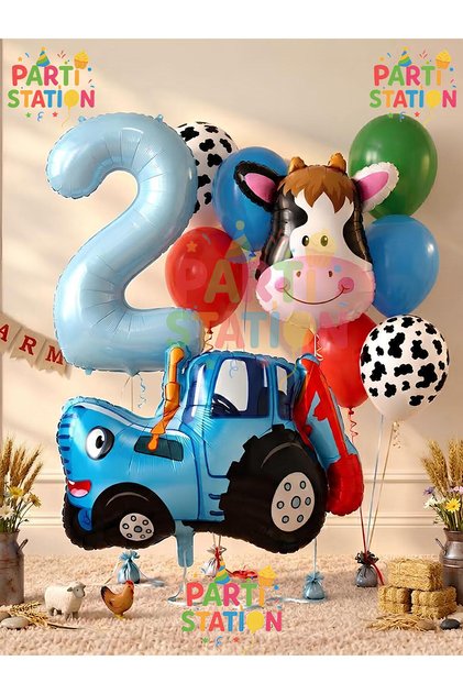 Tractor and Cow Themed 2 Year Old Balloon Set 11 Piece Farm Concept Birthday Balloon Set