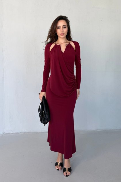Burgundy Buckle Detailed Shawl Long Sleeve Dress