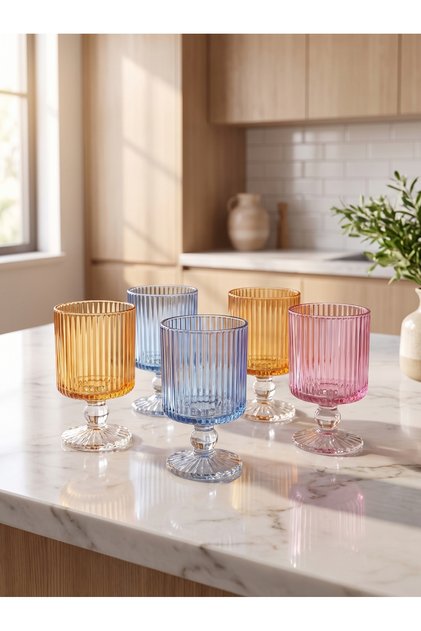 Set of 6 Premium Colored Optical Glass Coffee Side and Water Glasses - Striped Glass