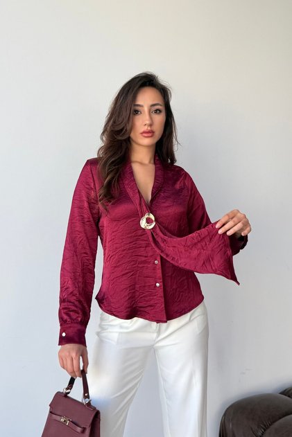 Burgundy Shawl Collar Blouse with Gold Brooch Detail