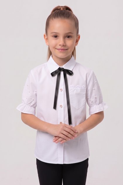 Girl's Black Ribbon Short Sleeve Pearl Detailed Sleeve Ruffle Pocket Shirt April 23 October 29 Show Outfit