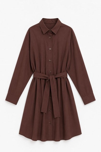 Women's Buttoned Shirt Collar Belted Long Sleeve Dress Coffee