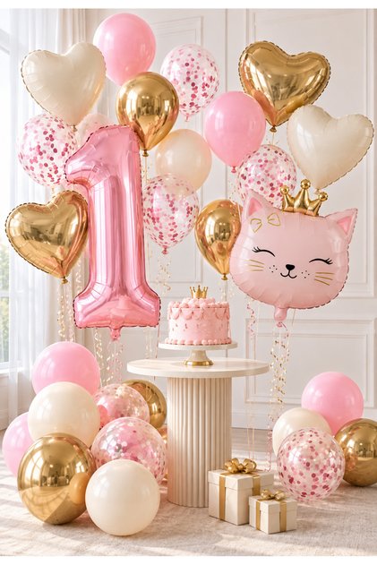 Pink Princess Deluxe Pembe Prenses Balon Seti 26 Parça Rakam Folyo Kedi Folyo Kalp Balon Krom Gold Pembe Krem Konfetili Doğum Günü Balonu Çocuk Parti Süsleme Dekorasyon