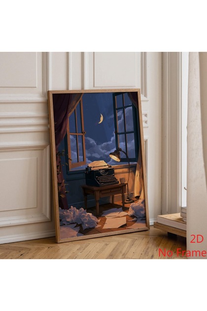 1pc Poet Typewriter Midnight Canvas Wall Art Print, Moonlit Writing Desk Literary Canvas Poster, Study Office Literary Vintage Home Decor, Unframed