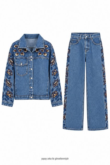 Cross-Stitch Embroidered Denim Suit Blue