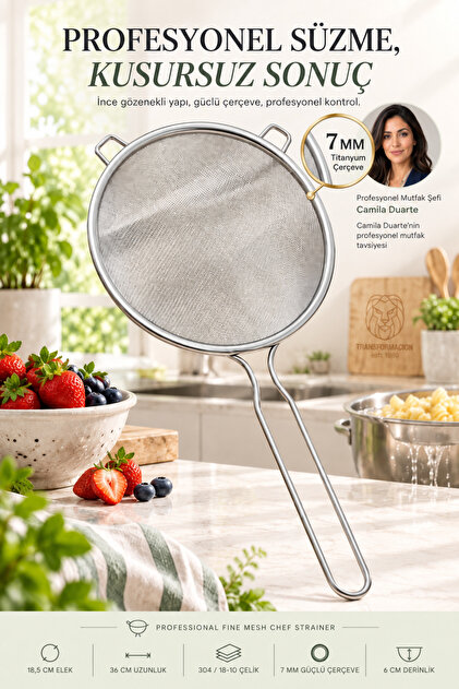 Industrial Titanium 7 mm Framed Fine Pore Wire Strainer Colander Professional Chef Type 18/10 304 Stainless Steel 218.5 cm 723685