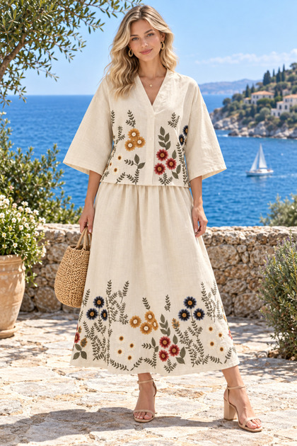 Women's Linen Floral Embroidered Blouse and Long Skirt Set