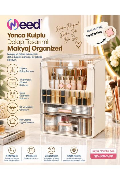 Yonca Kulplu Dolap Tasarımlı Çekmeceli Makyaj ve Kozmetik Organizeri – Beyaz / Pembe Kulp – ND-808-WPK