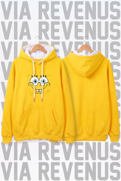 Spongebob Printed Unisex Wide Fit Yellow Hoodie Sweatshirt - 3 Thread Fleece Hood Lining with Drawstring Detail