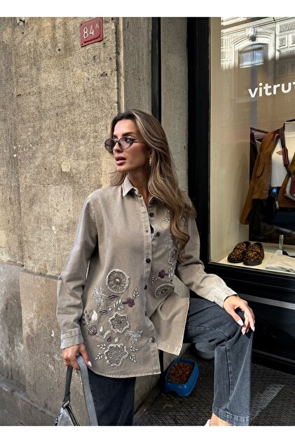 Women's Front Beaded Embroidered Denim Oversize Shirt