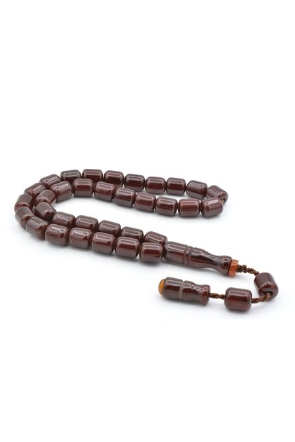 Zeyzun Signed Barrel Cut Brown Crimped Amber Rosary