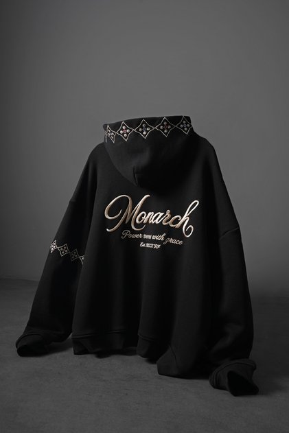 Erkek Siyah Monarch Nakışlı Oversize Full Zip Hoodie