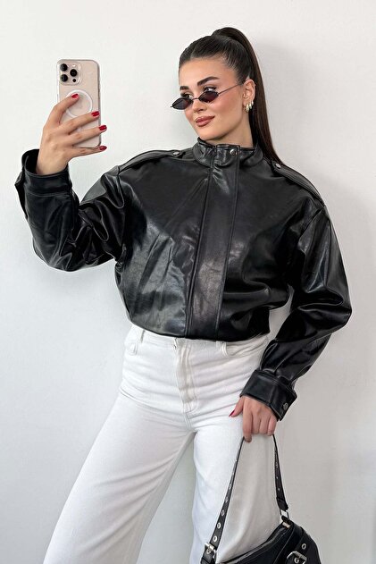 Women's Stand Collar Double Pocket Zippered Leather Coat Black - 27K 141