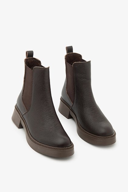 Brown Genuine Leather Women's Boots Non-Slip Sole Elastic Chelsea Boots