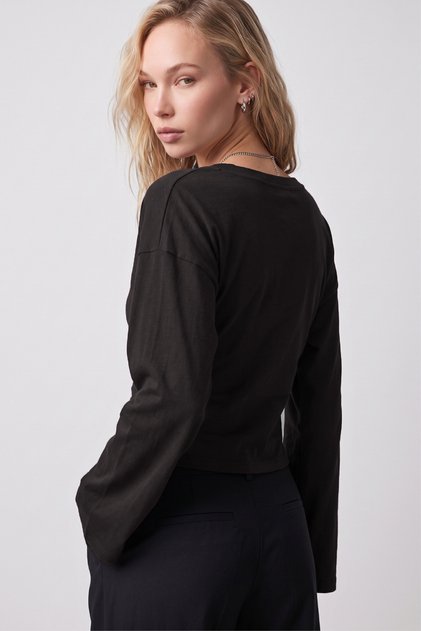 V Yaka Yarasa Kollu %97 Pamuk T-Shirt - Siyah 3