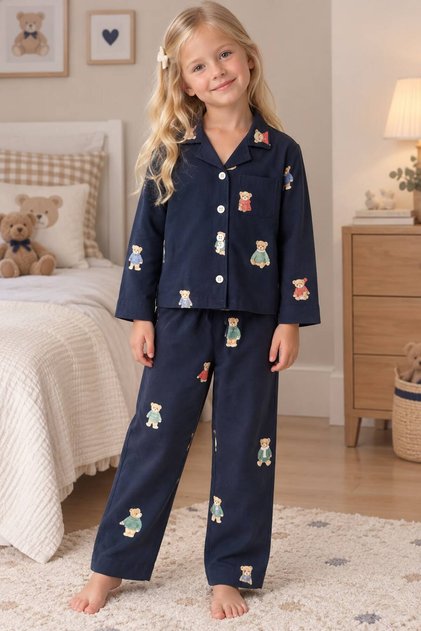 Ayıcık Desenli ,%100 pamuklu, yumuşal, Lacivert Unisex Pijama Takımı