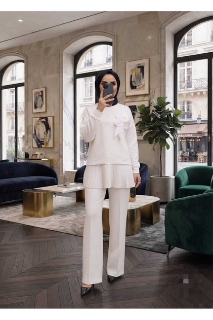 Women's Modern Clothing Pleated Patterned Double Suit