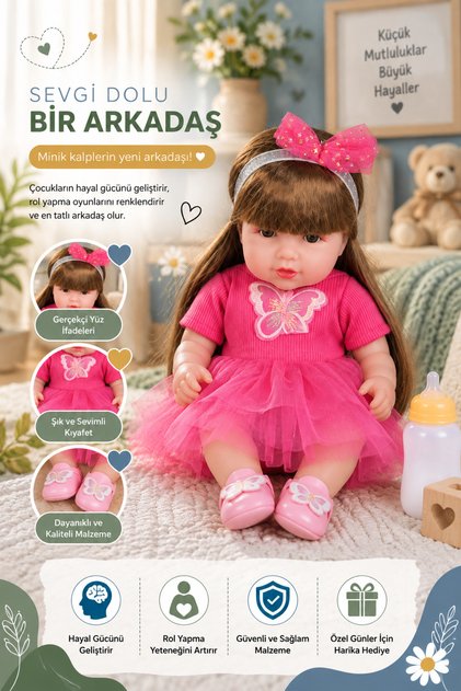 30 Cm Yeni Doğmuş Bebek Oyuncak | Pembe Kelebek Elbiseli Gerçekçi Yüz İfadeli Bebek