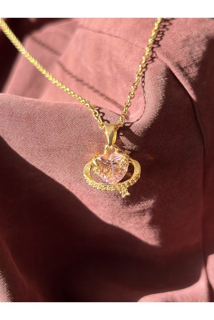 Çelik Gold Pembe Taşlı Kalp Kolye