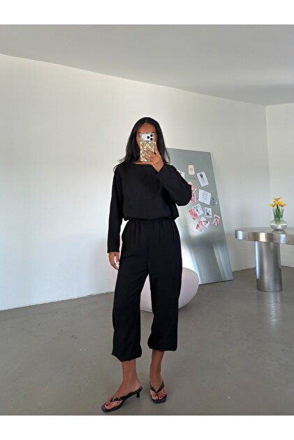 Linen Elastic Pants Set - Black