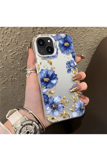 Elegant Flower Case Compatible with iPhone 13/14, Blue Flower Golden Branch Creative Flat Print