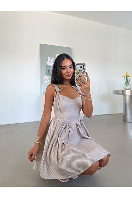 Striped Mini Dress - Beige